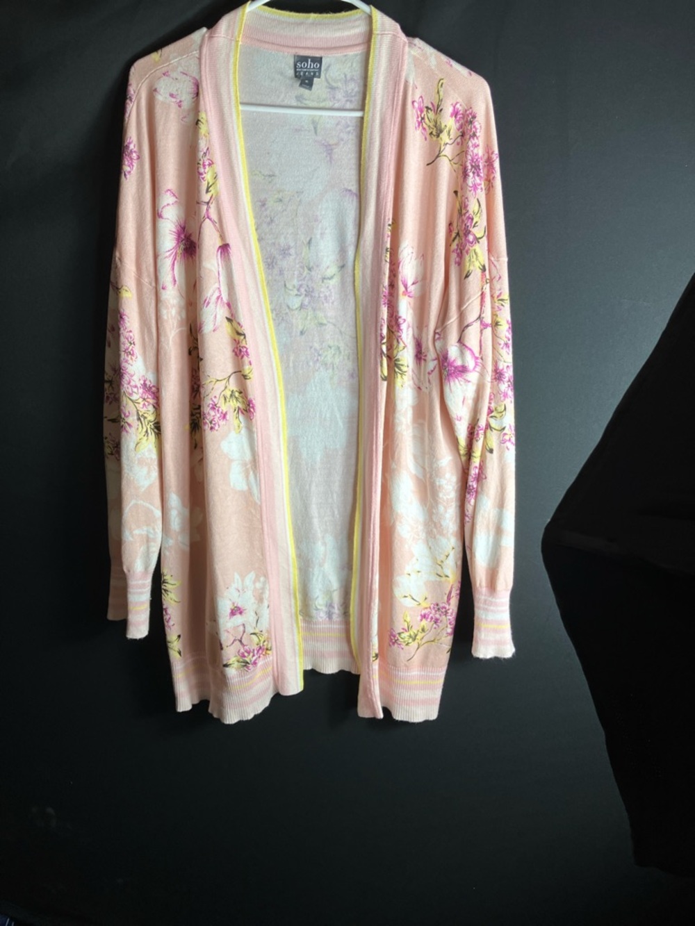 Soho Pink Floral Open-Front Cardigan with Yellow Trim